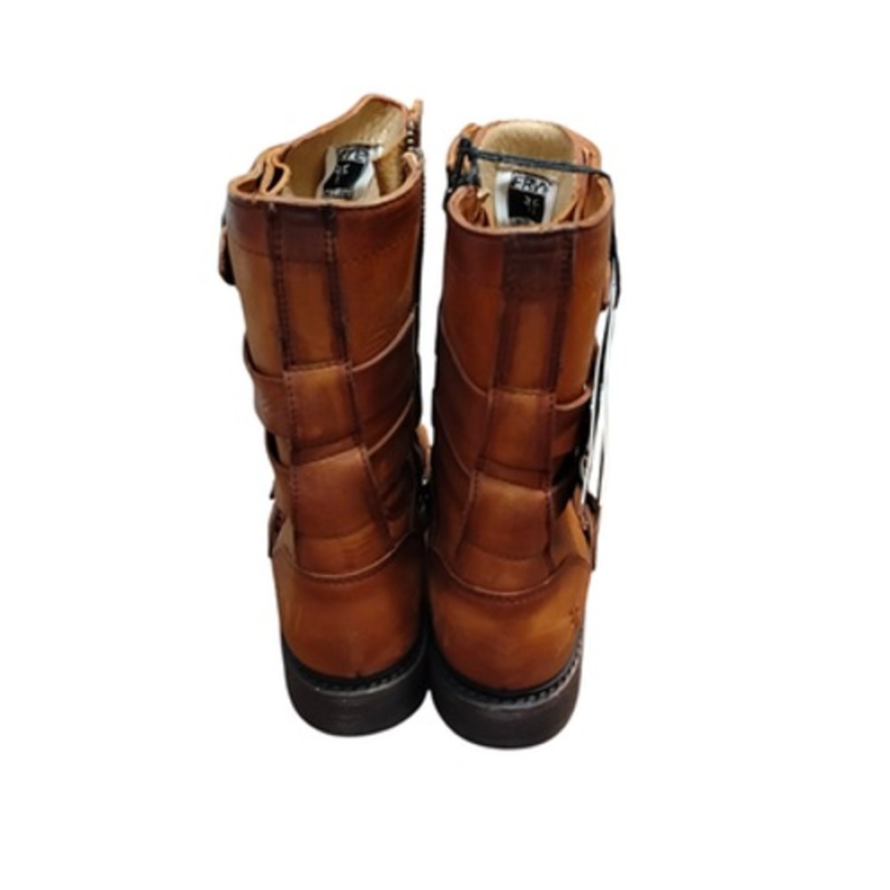 Frye Veronica Tanker Boots Women's 7M Cognac Moto‎ Combat Leather Strappy Belted - Picture 3 of 12